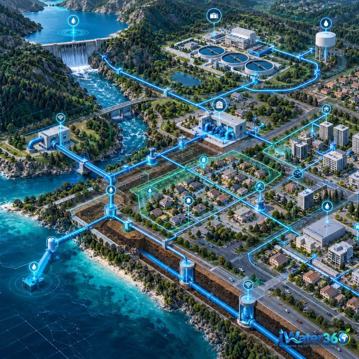Smart water network diagram connecting reservoirs, treatment plants, pump stations and distribution to homes and businesses
